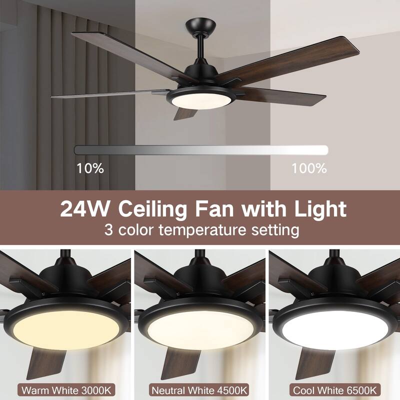52" Modern Ceiling Fans with Lights and Remote, LED Dimmable black